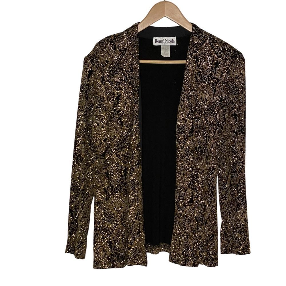 VINTAGE Elegant Black Gold Glitter Open Front Jacket Size Large Ronni Nicole